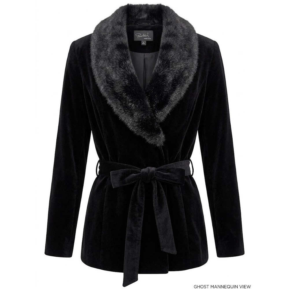 Y2K Gemini Jacket Womens Small Black Velvet Faux Fur Collar VTG Glam Mob Wife